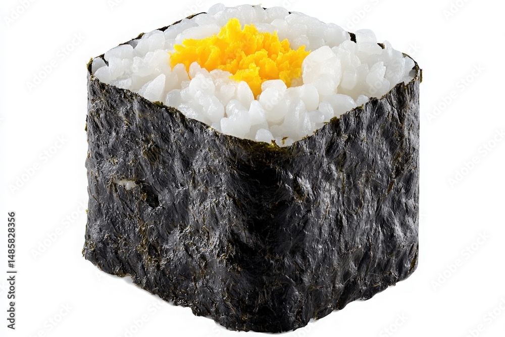 This unique sushi roll showcases a square shape with a layer of fluffy rice wrapped in nori. The vibrant yellow filling adds a pop of color and flavor to the dish, inviting a culinary exploration.