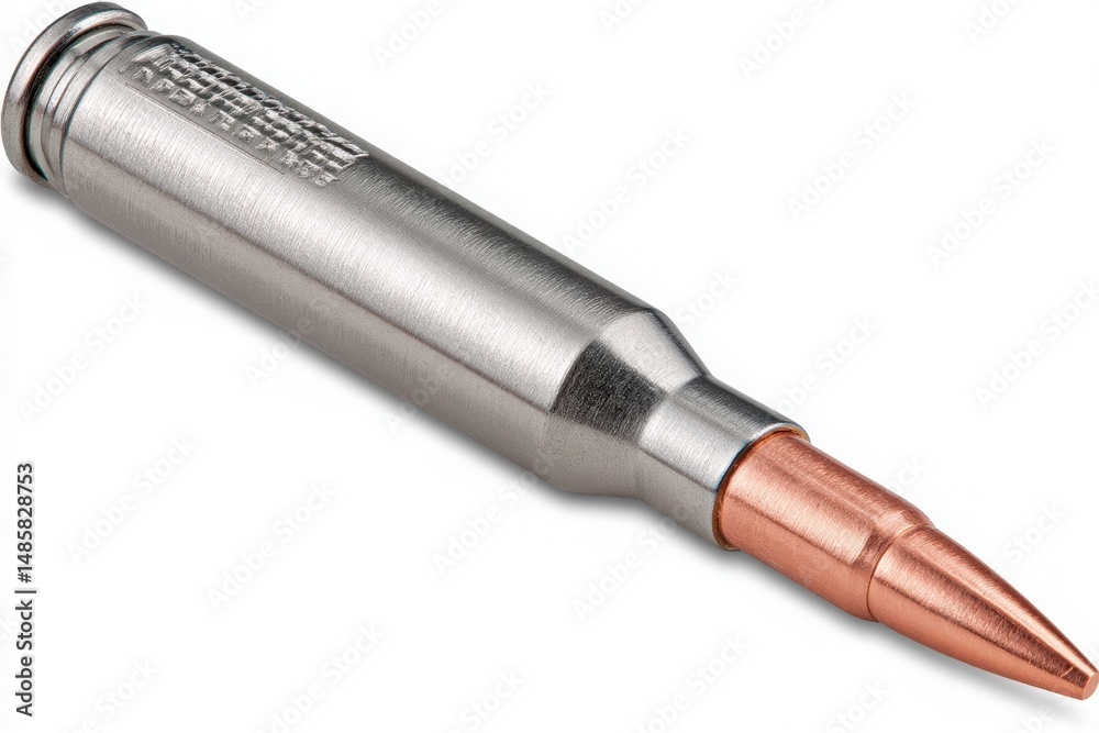 Close-up of a metal cartridge highlighting the sleek casing and pointed copper tip. This object showcases craftsmanship and is typical of ammunition found in firearms.