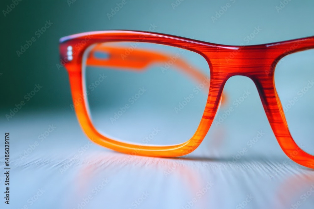 Close-up of stylish bright orange glasses resting on a smooth wooden surface. The unique frame design highlights contemporary fashion trends in eyewear.