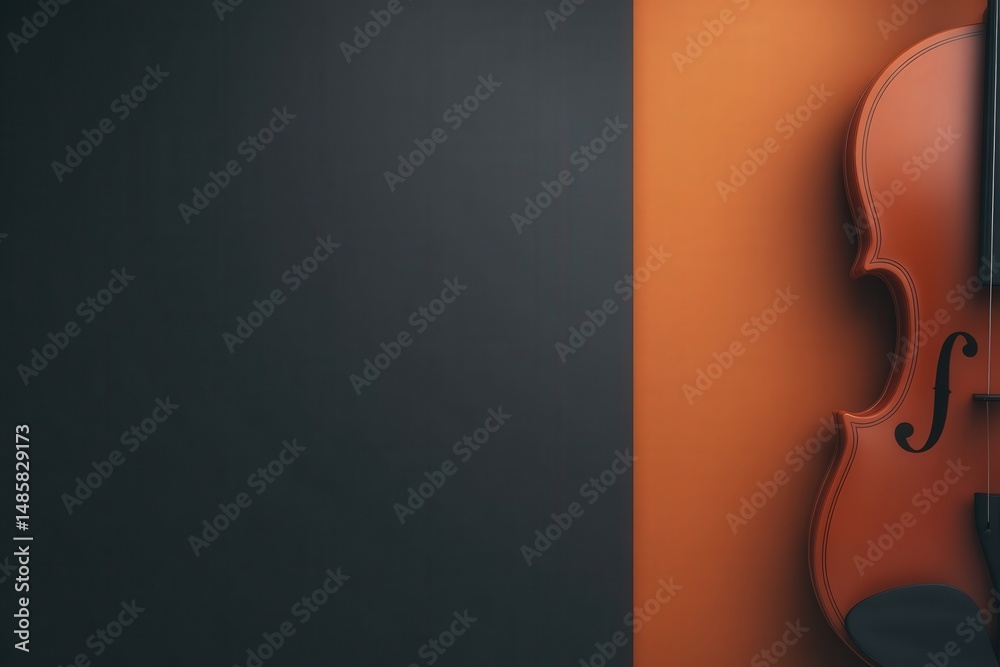 A violin is prominently displayed against a split background of deep gray and vibrant orange, emphasizing its curves and fine craftsmanship. The setting creates a striking visual contrast.
