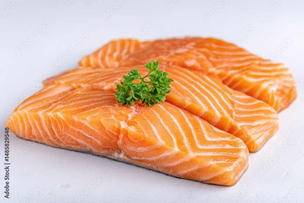 Salmon fillets display vibrant orange flesh with natural marbling, garnished with a sprig of parsley. The clean, neutral backdrop emphasizes their freshness, ideal for cooking.
