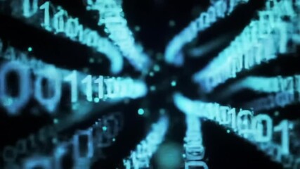 Abstract digital binary code flowing against black background with glowing light