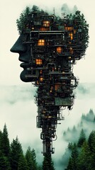 Poster - Robot head with forest brain over trees, fog, and glowing windows