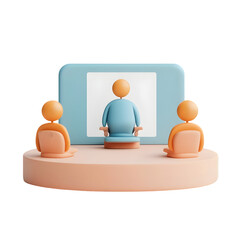 Fototapete - Digital illustration of three figures seated around a screen, observing a central figure in a meditative pose.  The colors are pastel and the forms simple.
