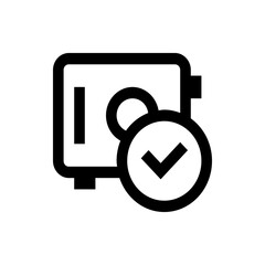 Poster - Safe icon with check mark indicating security and protection for assets and data in black and white style