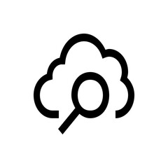Poster - Cloud search icon showing a cloud outline with a magnifying glass overlay in a simple vector graphic style