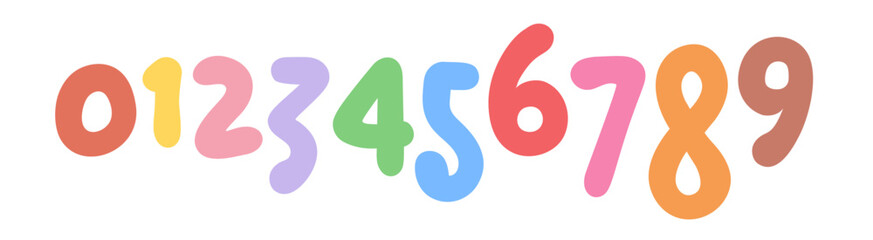 Poster - Cute Colorful Cartoon Numbers for Kids, Rounded Bold Typeface Perfect for Learning, Education, Posters, or Games. Bright Fun Font Set. Summer typography design. Vector digits