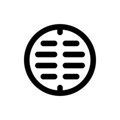 Poster - A black and white graphic of a circular manhole cover with horizontal slots and a thick border design element