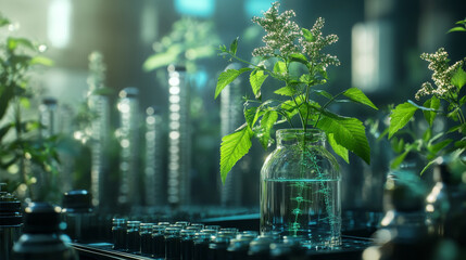 3D render of genetic engineering and GMO concept in a tech-driven scientific layout