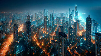 Poster - Futuristic cityscape at night with glowing data streams representing high-speed digital traffic on a smart road