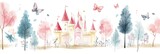Watercolor illustration of a castle and trees in a whimsical forest scene, featuring pastel colors and flying butterflies