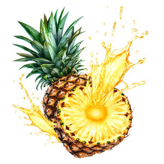 Aufkleber - Fresh pineapple slice with juice splashing in the air on white backdrop