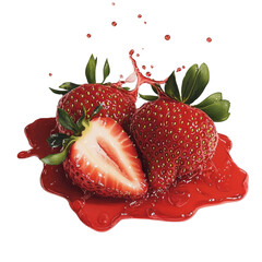 Aufkleber - Luscious Strawberries Bursting with Freshness, Splashing Juice on a White Field