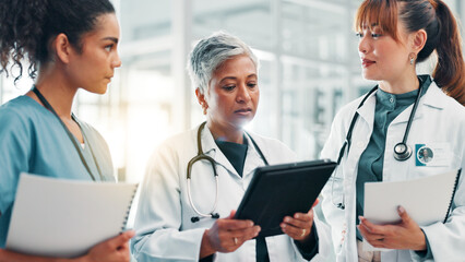 Poster - Tablet, meeting and team of doctors in hospital for results, medical report and advice for treatment. Healthcare, collaboration and women on digital tech for research, surgery schedule and planning