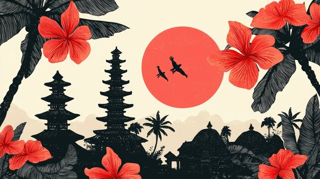 A modern Nyepi Day celebration poster with Balinese cultural elements and temple scenery