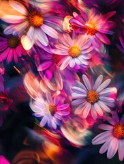 Poster - Vibrant floral explosion.  A kaleidoscope of  purple and white daisies, with a vibrant, abstract,  motion blur effect
