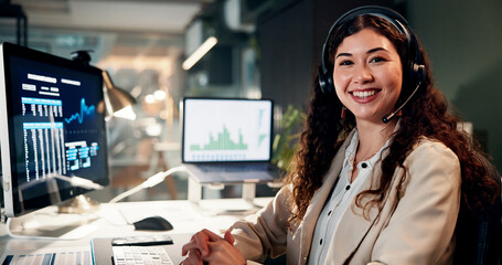 Poster - Woman, trading and charts with headset in portrait, smile and pride for career by monitor for stocks at office. Person, voip and crypto investor at night by screen, value or market stats in Mexico