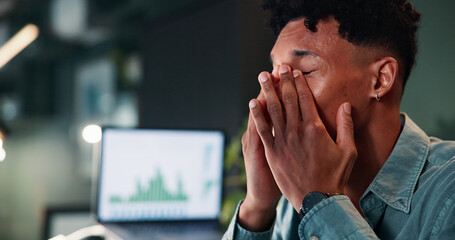 Aufkleber - Trading, man and pain of headache in office for stock market crash, bad investment and overwhelmed by deadline. Night, trader and tension migraine with burnout, mental health and fatigue for overtime