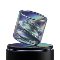 Poster - An iridescent glass sculpture gracefully angled on a sleek black pedestal on transparent background