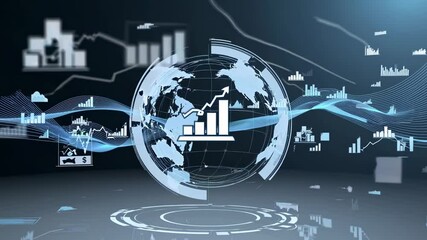 Poster - Futuristic concept of global business intelligence and data analysis transforming the world with charts, graphs, and digital earth rotating in cyberspace