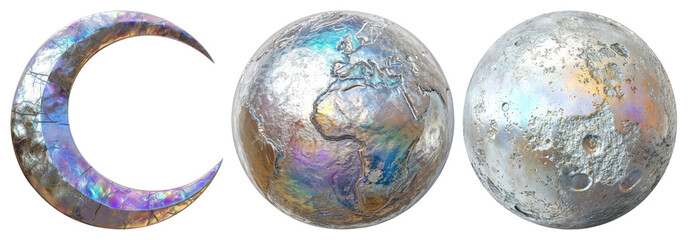 png celestial metallic cosmic art, element set on transparent background