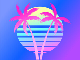 Wall Mural - Two palm trees on a sunset 80s retro sci-fi style. Summer time. Futuristic sun retro wave. Design for advertising brochures, banners, posters, travel agencies. Vector illustration