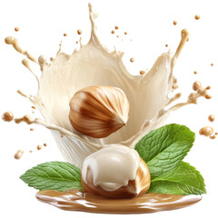 Poster - Hazelnuts splash with milk and mint leaves, a refreshing nut based creation