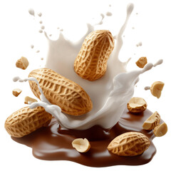 Poster - Peanuts splashing in milk and chocolate background for food photography