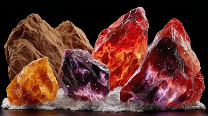Poster - Vibrant Collection of Colorful Crystals and Stones with Glowing Effects Reflecting Light on Black Background for Creative Art and Design Projects