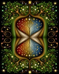 Poster - Fantasy Tree Art with Colorful Background and Sparkling Stars in Artistic Design Representing Nature and Imagination