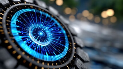 Fototapete - Abstract Digital Circular Pattern with Blue Light Rays and Depth