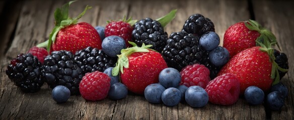 Wall Mural - The Beautiful Arrangement of Fresh Berries on Rustic Wooden Background