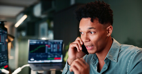Poster - Phone call, communication and man in office with trading at night for client investment account. Technology, contact and financial analyst with computer for stock market risk analysis in workplace.