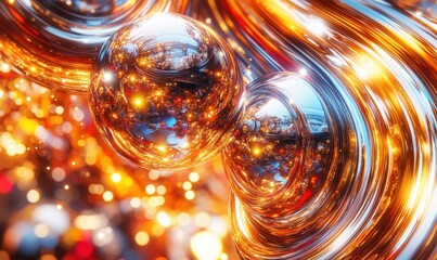 Poster - Abstract metallic spheres swirl, light bokeh background; design, tech, website