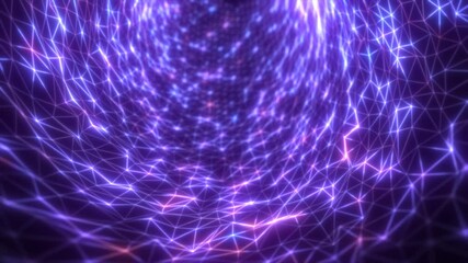 Poster - glowing purple energy mesh forming a twisting tunnel of connected triangular nodes in a digital spac