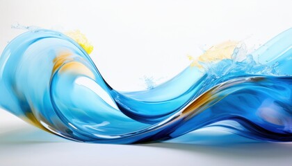 Poster - fluid blue wave motion with glass-like texture and yellow accents for abstract background, branding, web design, or modern digital art

