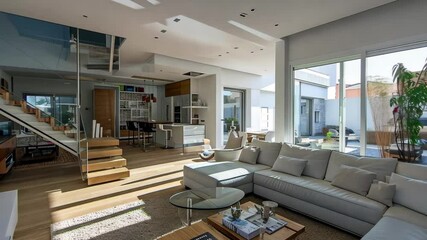 Poster - Modern interior design of a spacious living room with large windows and wooden accents in a bright and inviting home setting