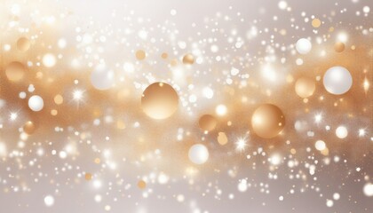 Poster - gold and white glitter bokeh background with glowing spheres and sparkles for festive web design, holiday print, elegant branding, luxury product display, with generous copy space

