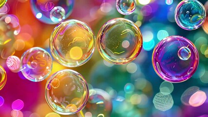 Poster - Colorful bubbles float on a vibrant background with a dreamy bokeh effect in a captivating display of light and color
