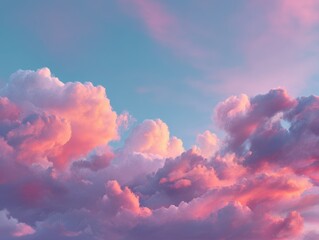 Wall Mural - Beautiful pastel clouds with vibrant hues of pink and soft blue sky during sunset in serene nature setting for tranquil backgrounds and artistic views