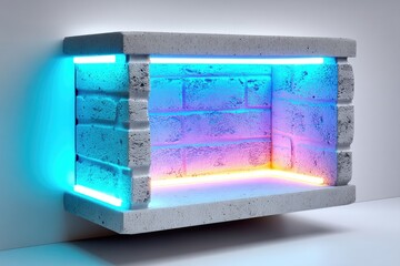 Wall Mural - modern illuminated display niche. a rectangular recessed alcove with neon lighting and a stone-like 