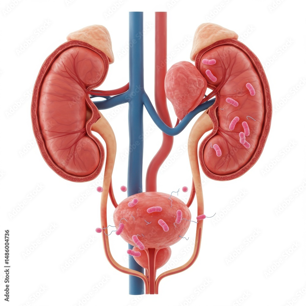Urinary system with bacteria isolated on white background, for medical ...