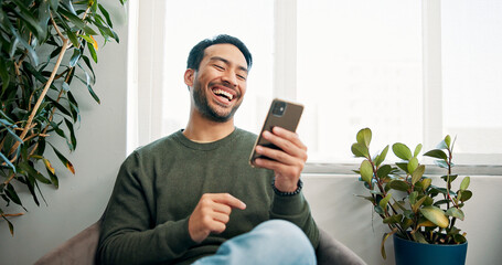 Poster - Office, waiting and man with smartphone, medical appointment and smile with social media. Person, funny meme and mobile user with cellphone, laughing and online humor with joke and message to contact