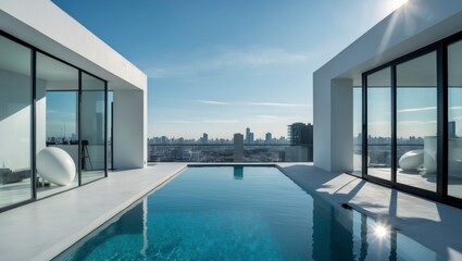A beautiful pool embedded in a sleek modern home with full glass facade providing a luxurious outdoor oasis surrounded by vibrant greenery and clear blue skies