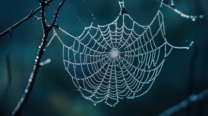 Spiderweb delicately draped with glistening dewdrops in atmospheric twilight hues