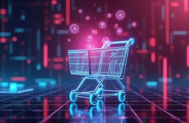 Fototapete - Glowing shopping cart with digital icons float above futuristic tech background. Illustration online shopping, digital commerce, e-business, innovation. Ecommerce, retail, cyberspace, purchase,