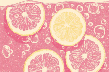 Aufkleber - Slices of lemon float in fizzy pink liquid, creating refreshing and vibrant scene. bubbles add lively touch, enhancing citrusy and effervescent feel
