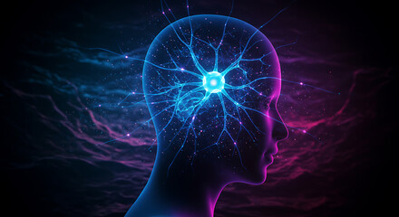 Poster - Illuminated Brain with Neural Network and Glowing Energy in Profile