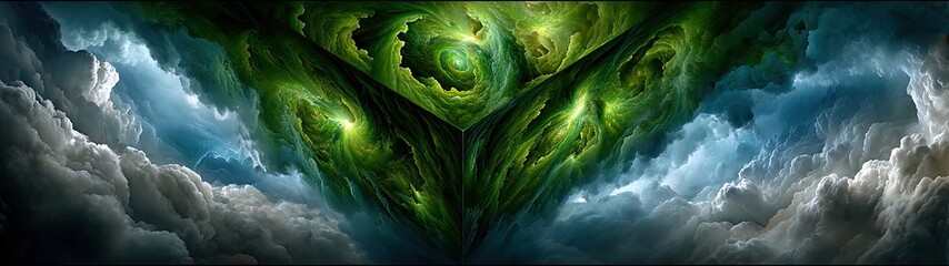 Poster - Abstract Green Whirlwind of Energy and Light Surrounded by Dramatic Clouds in a Cosmic Sky, Evoking a Sense of Mystery and Wonder