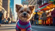 © yarku20 - Adorable small dog in a colorful sweater enjoys a stroll through a bustling city street. The city's energy provides a vibrant backdrop.